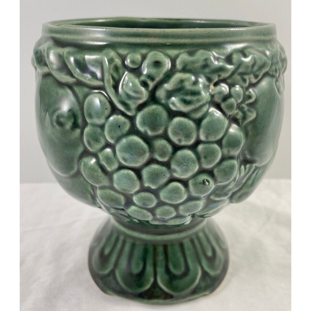 Green Footed Planter Grapes Pedestal Pot Vase Vintage 6.5" USA Art Pottery MCM